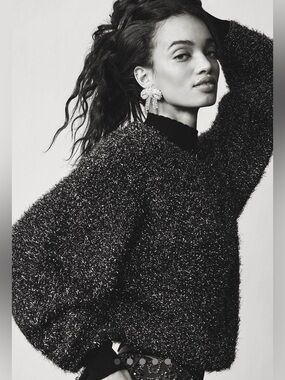 NWT Maeve / Anthropologie Black Metallic Fuzzy Crewneck Sweater